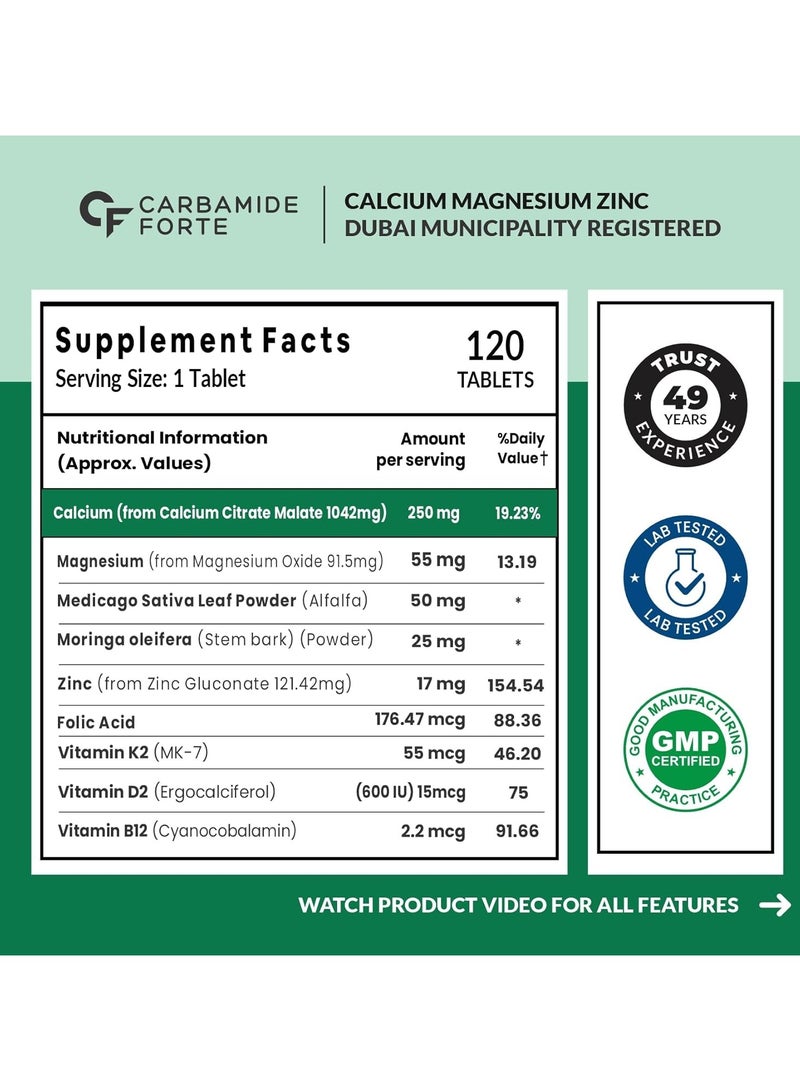 CARBAMIDE FORTE Calcium, Magnesium, Zinc + with Vitamin D,K2 & B12 |For Women & Men – 120 Veg Tablets - Image 2